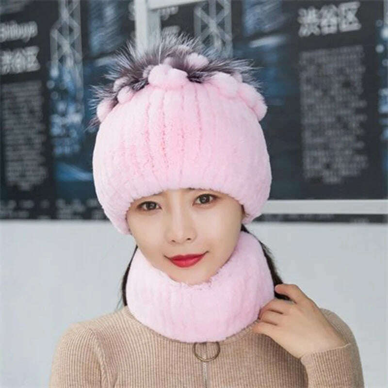 KIMLUD, 2023 Women's Winter Warm Real Rex Rabbit Fur Hat Snow Cap Hats for Women Girls Real Fur Knit Skullies Beanies Natural Fluffy Hat, Suit pink, KIMLUD Women's Clothes