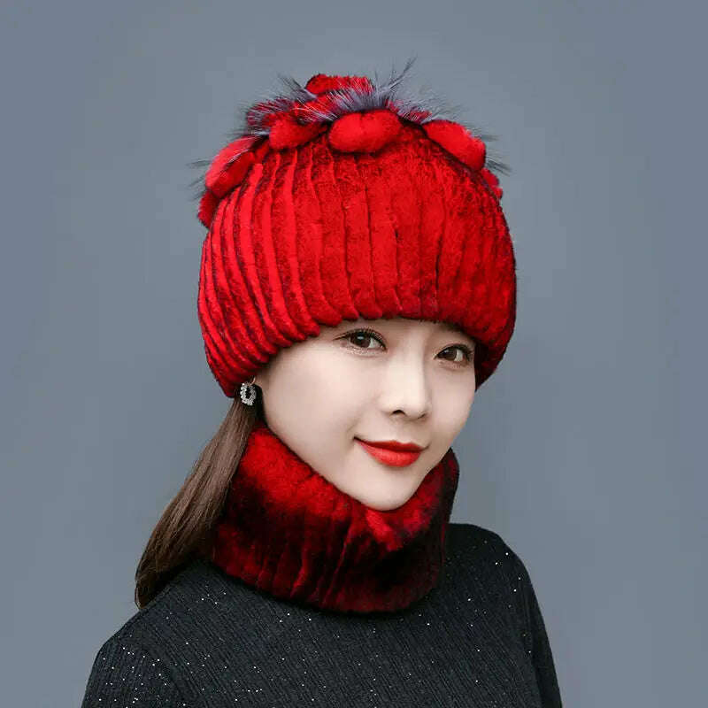 KIMLUD, 2023 Women's Winter Warm Real Rex Rabbit Fur Hat Snow Cap Hats for Women Girls Real Fur Knit Skullies Beanies Natural Fluffy Hat, Suit red black, KIMLUD Womens Clothes