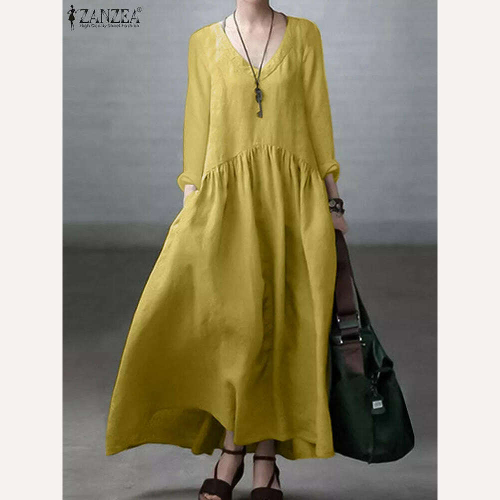 KIMLUD, 2023 ZANZEA Autumn Long Sleeve V-Neck Mid-Calf Length Sundress Women Solid Color Baggy Dress Pure Cotton Holiday Loose Dresses, Yellow / S, KIMLUD Womens Clothes