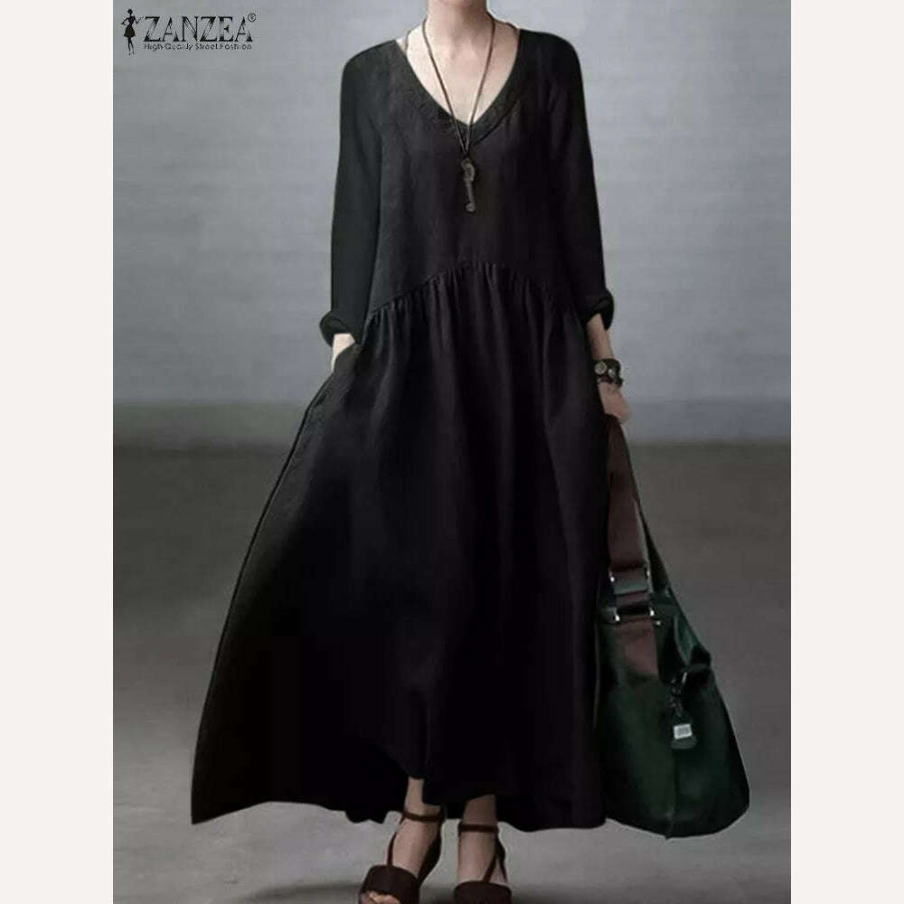 KIMLUD, 2023 ZANZEA Autumn Long Sleeve V-Neck Mid-Calf Length Sundress Women Solid Color Baggy Dress Pure Cotton Holiday Loose Dresses, black / S, KIMLUD Womens Clothes