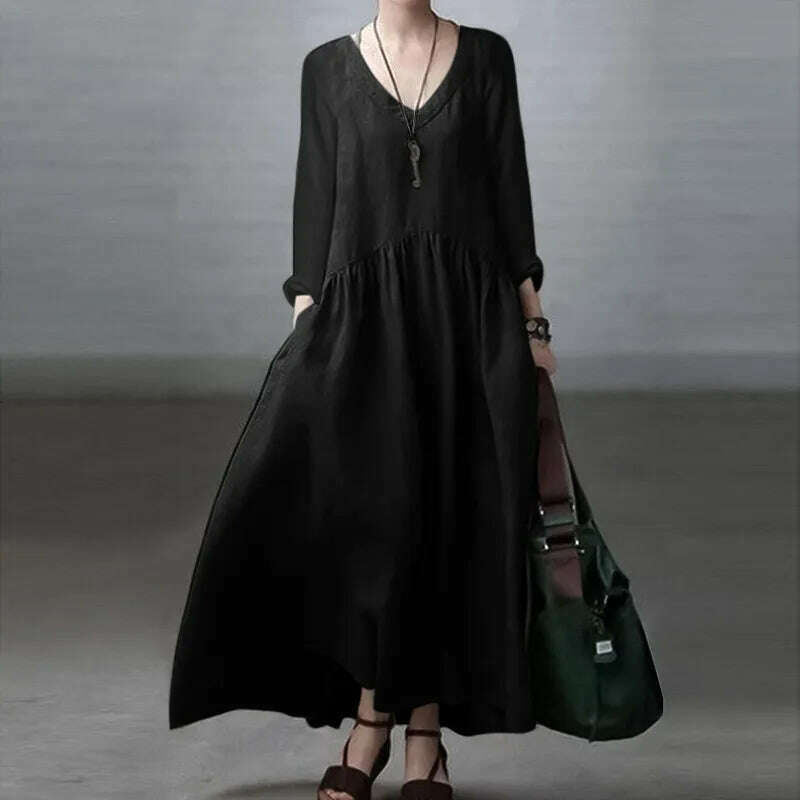 2023 ZANZEA Autumn Long Sleeve V-Neck Mid-Calf Length Sundress Women Solid Color Baggy Dress Pure Cotton Holiday Loose Dresses - KIMLUD