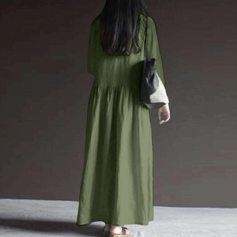 2023 ZANZEA Autumn Long Sleeve V-Neck Mid-Calf Length Sundress Women Solid Color Baggy Dress Pure Cotton Holiday Loose Dresses - KIMLUD