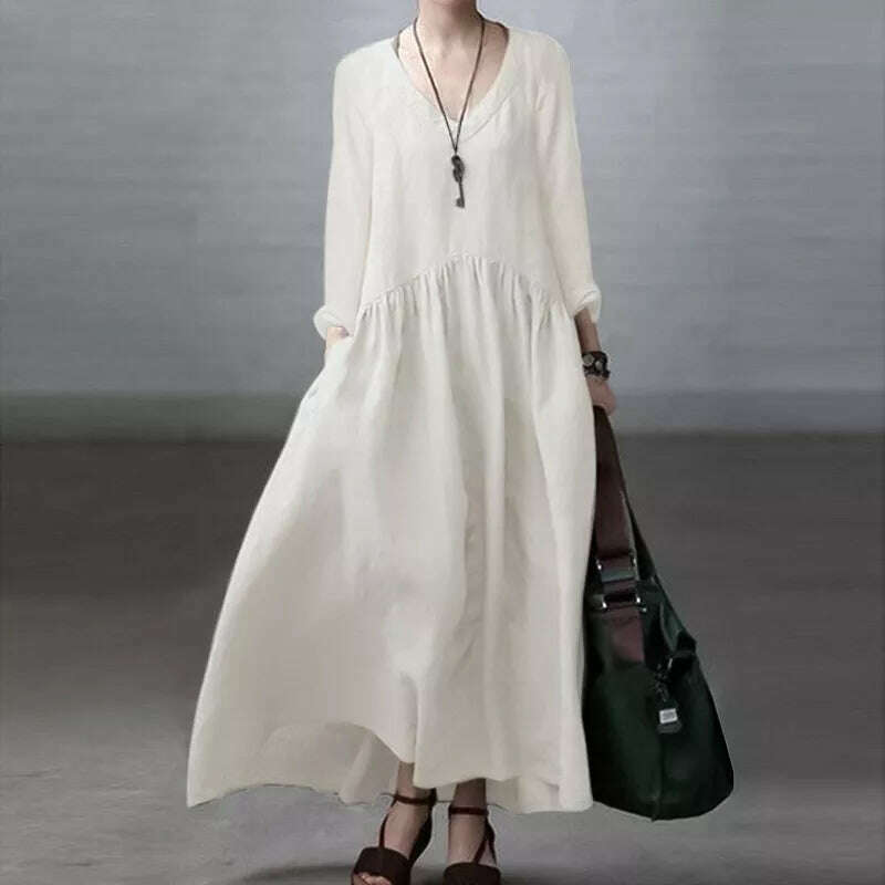 2023 ZANZEA Autumn Long Sleeve V-Neck Mid-Calf Length Sundress Women Solid Color Baggy Dress Pure Cotton Holiday Loose Dresses - KIMLUD