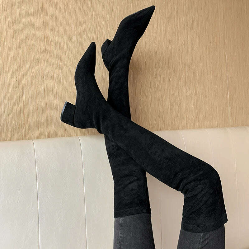 KIMLUD, 2023Sexy High heels Over The Knee Boots Women Stretch Thigh High Boots Ladies Autumn Winter Kid suede Thick Heel Long Boots Shoe, KIMLUD Women's Clothes