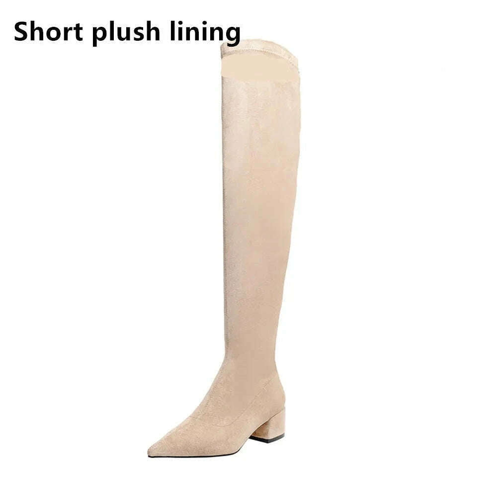 KIMLUD, 2023Sexy High heels Over The Knee Boots Women Stretch Thigh High Boots Ladies Autumn Winter Kid suede Thick Heel Long Boots Shoe, Khaki Short plush / 33, KIMLUD Women's Clothes