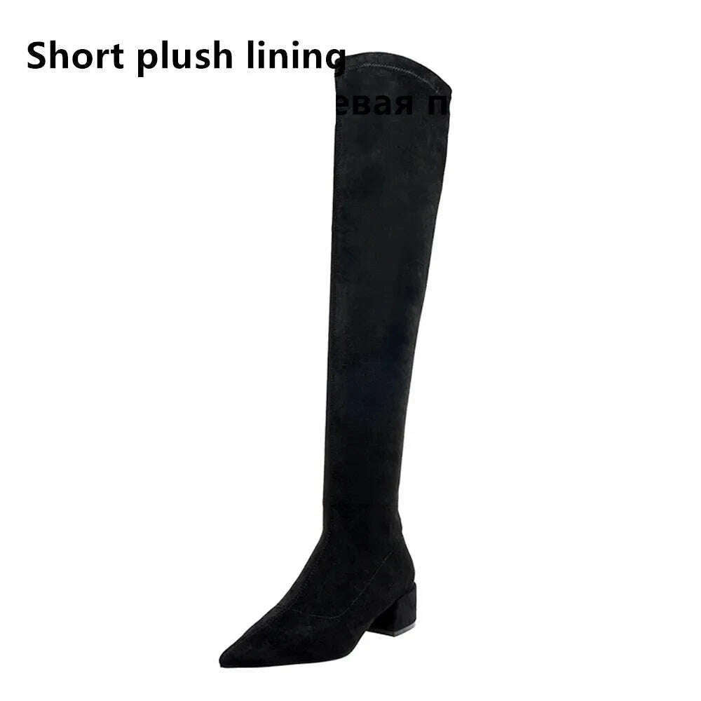 KIMLUD, 2023Sexy High heels Over The Knee Boots Women Stretch Thigh High Boots Ladies Autumn Winter Kid suede Thick Heel Long Boots Shoe, Black Short plush / 43, KIMLUD Women's Clothes