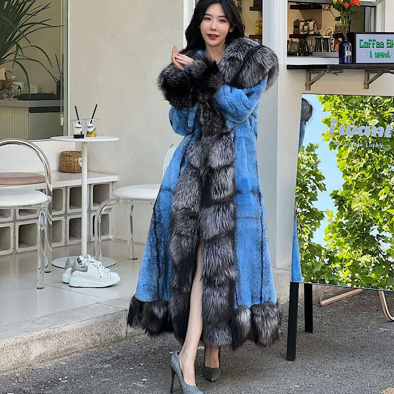 2023Women Real Rex Rabbit Fur Coats With Fox Lapel Collar Natural Whole Skin Genuine Fur Long Jackets Overcoat Winter - KIMLUD