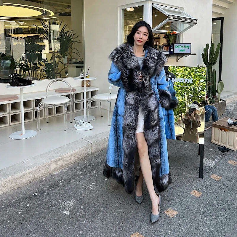 2023Women Real Rex Rabbit Fur Coats With Fox Lapel Collar Natural Whole Skin Genuine Fur Long Jackets Overcoat Winter - KIMLUD
