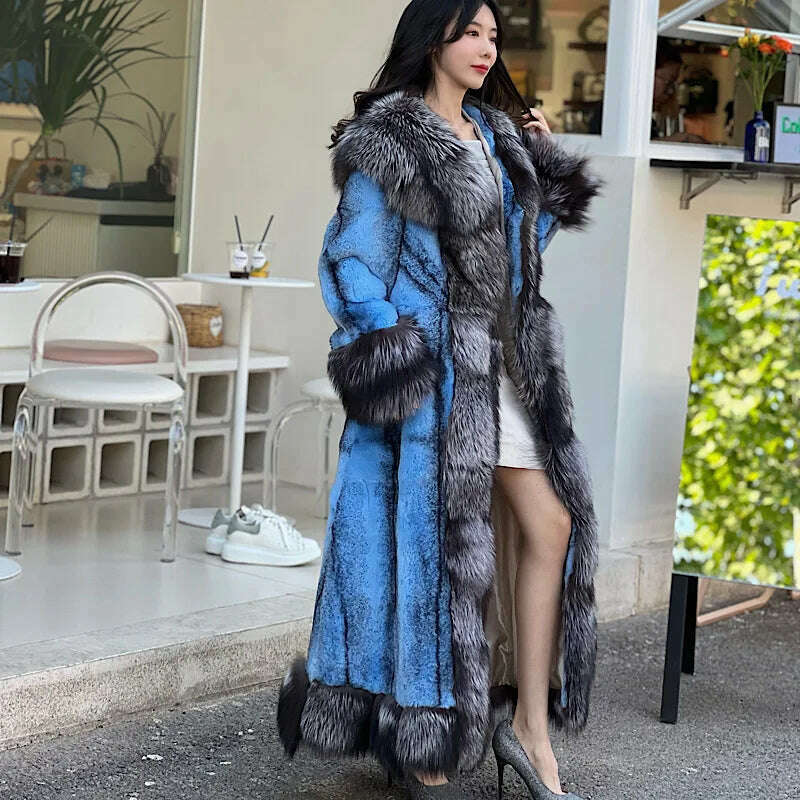 2023Women Real Rex Rabbit Fur Coats With Fox Lapel Collar Natural Whole Skin Genuine Fur Long Jackets Overcoat Winter - KIMLUD