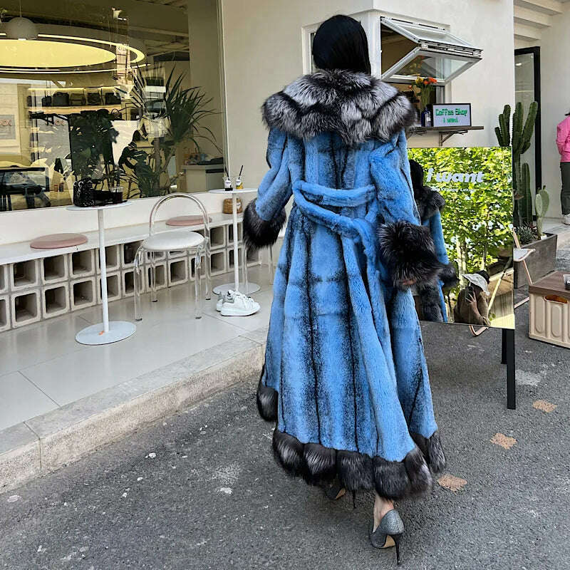 2023Women Real Rex Rabbit Fur Coats With Fox Lapel Collar Natural Whole Skin Genuine Fur Long Jackets Overcoat Winter - KIMLUD