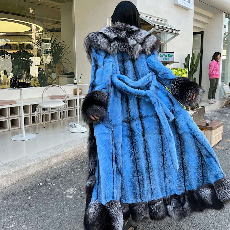 2023Women Real Rex Rabbit Fur Coats With Fox Lapel Collar Natural Whole Skin Genuine Fur Long Jackets Overcoat Winter - KIMLUD