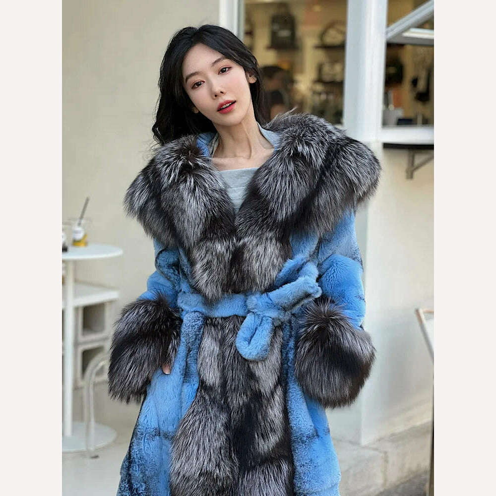 KIMLUD, 2023Women Real Rex Rabbit Fur Coats With Fox Lapel Collar Natural Whole Skin Genuine Fur Long Jackets Overcoat Winter, Blue / One Size, KIMLUD Womens Clothes