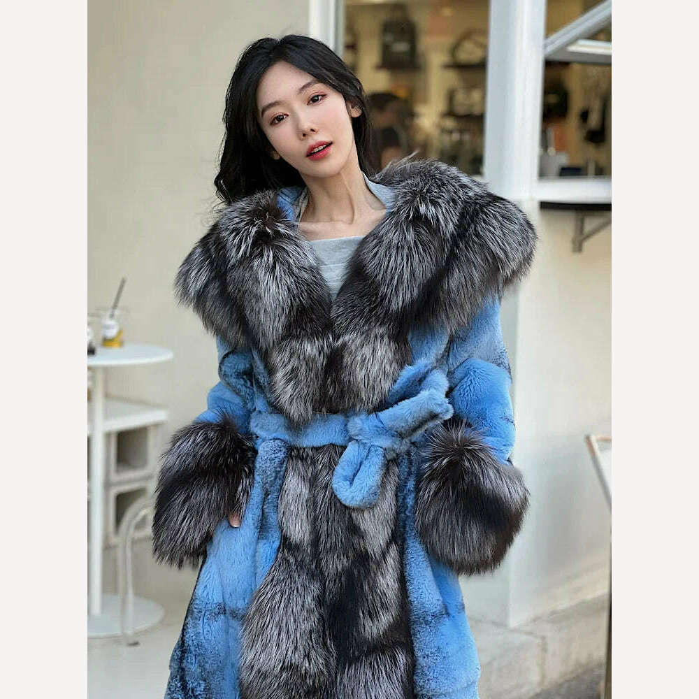 2023Women Real Rex Rabbit Fur Coats With Fox Lapel Collar Natural Whole Skin Genuine Fur Long Jackets Overcoat Winter - KIMLUD