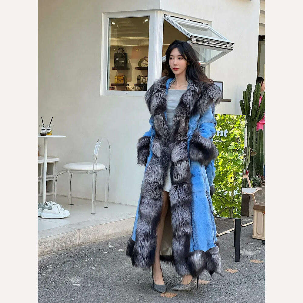 2023Women Real Rex Rabbit Fur Coats With Fox Lapel Collar Natural Whole Skin Genuine Fur Long Jackets Overcoat Winter - KIMLUD