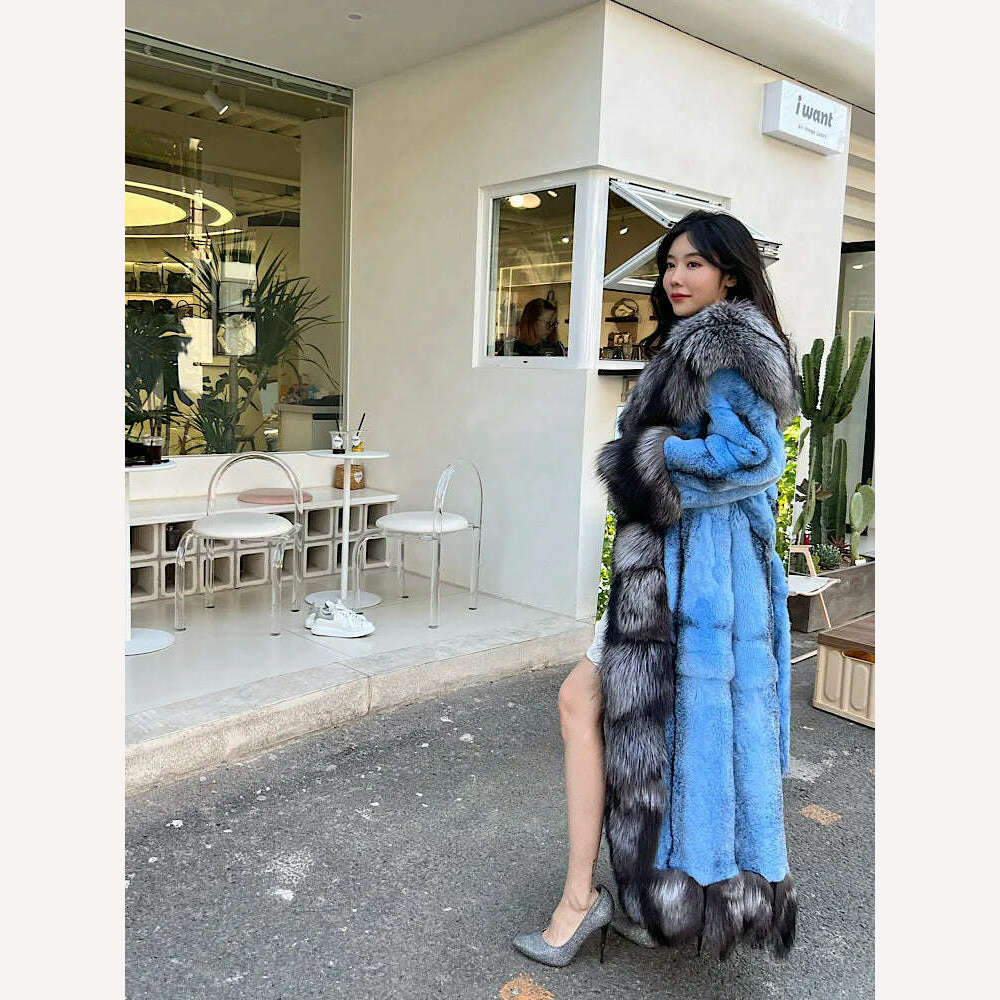 2023Women Real Rex Rabbit Fur Coats With Fox Lapel Collar Natural Whole Skin Genuine Fur Long Jackets Overcoat Winter - KIMLUD