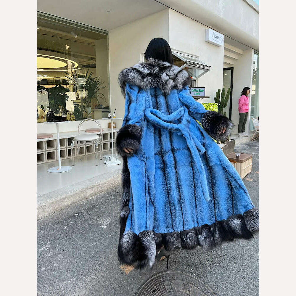 2023Women Real Rex Rabbit Fur Coats With Fox Lapel Collar Natural Whole Skin Genuine Fur Long Jackets Overcoat Winter - KIMLUD