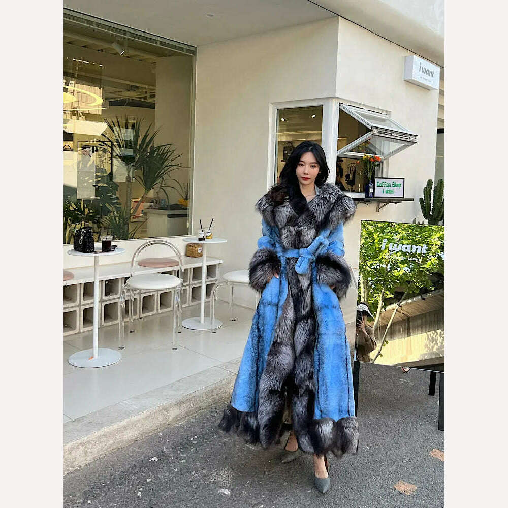 KIMLUD, 2023Women Real Rex Rabbit Fur Coats With Fox Lapel Collar Natural Whole Skin Genuine Fur Long Jackets Overcoat Winter, KIMLUD Womens Clothes