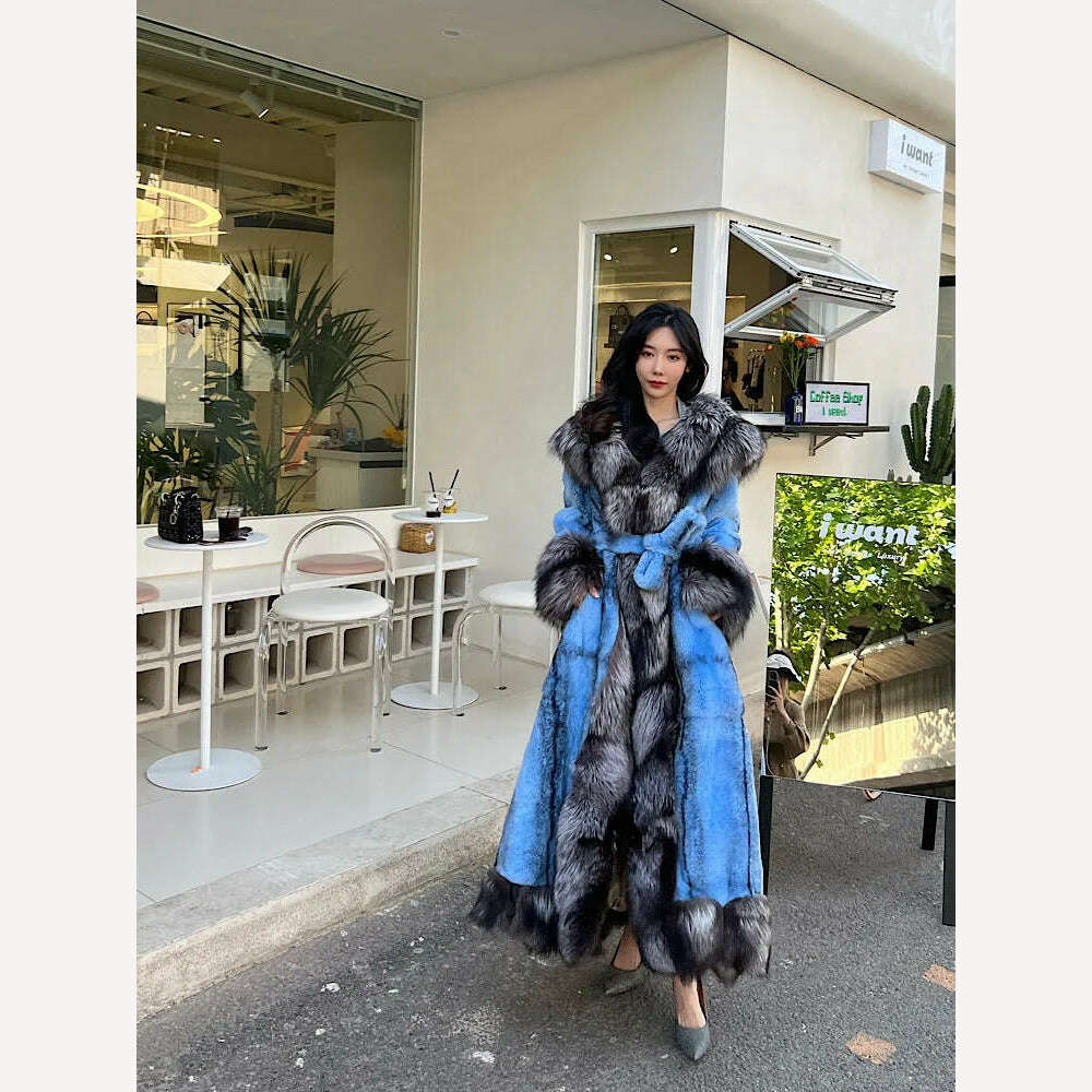 2023Women Real Rex Rabbit Fur Coats With Fox Lapel Collar Natural Whole Skin Genuine Fur Long Jackets Overcoat Winter - KIMLUD