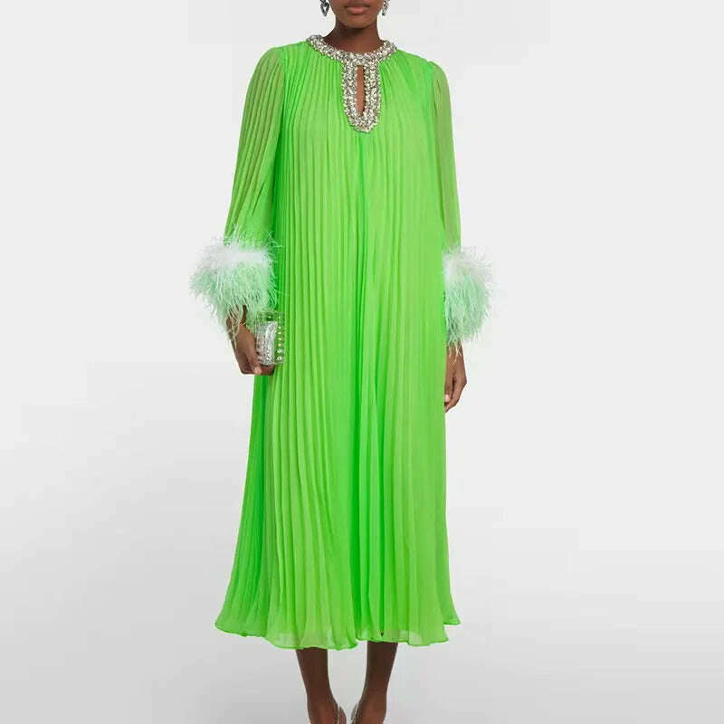 KIMLUD, 2024 Autumn New Dress Round Neck Heavy Industry Hairy Sleeves Splicing Pleated Medium and Long Dresses Casual Women's Clothing, KIMLUD Womens Clothes