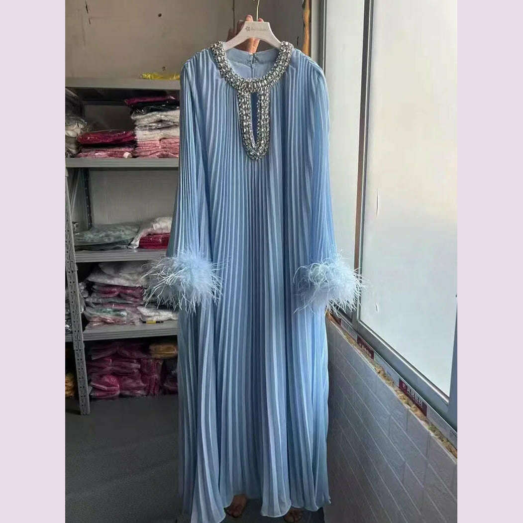 KIMLUD, 2024 Autumn New Dress Round Neck Heavy Industry Hairy Sleeves Splicing Pleated Medium and Long Dresses Casual Women's Clothing, Light  Blue / One Size, KIMLUD APPAREL - Womens Clothes