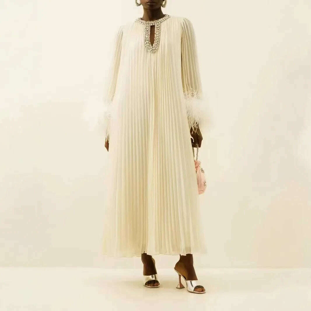 KIMLUD, 2024 Autumn New Dress Round Neck Heavy Industry Hairy Sleeves Splicing Pleated Medium and Long Dresses Casual Women's Clothing, KIMLUD Womens Clothes