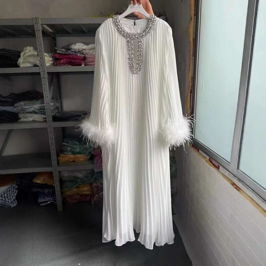 KIMLUD, 2024 Autumn New Dress Round Neck Heavy Industry Hairy Sleeves Splicing Pleated Medium and Long Dresses Casual Women's Clothing, KIMLUD Womens Clothes