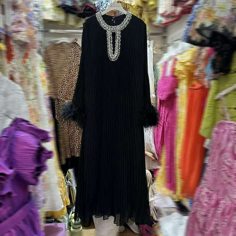 KIMLUD, 2024 Autumn New Dress Round Neck Heavy Industry Hairy Sleeves Splicing Pleated Medium and Long Dresses Casual Women's Clothing, Black / One Size, KIMLUD APPAREL - Womens Clothes