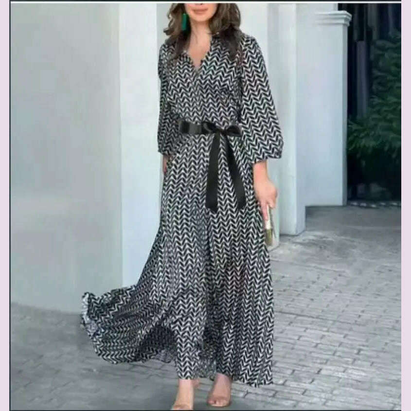KIMLUD, 2024 Autumn New Elegant Dress Black Print Vintage V Neck Fashion Leisure Gathering Women Slim Long Dresses MsChuh Vestidos, black / XXL, KIMLUD APPAREL - Womens Clothes
