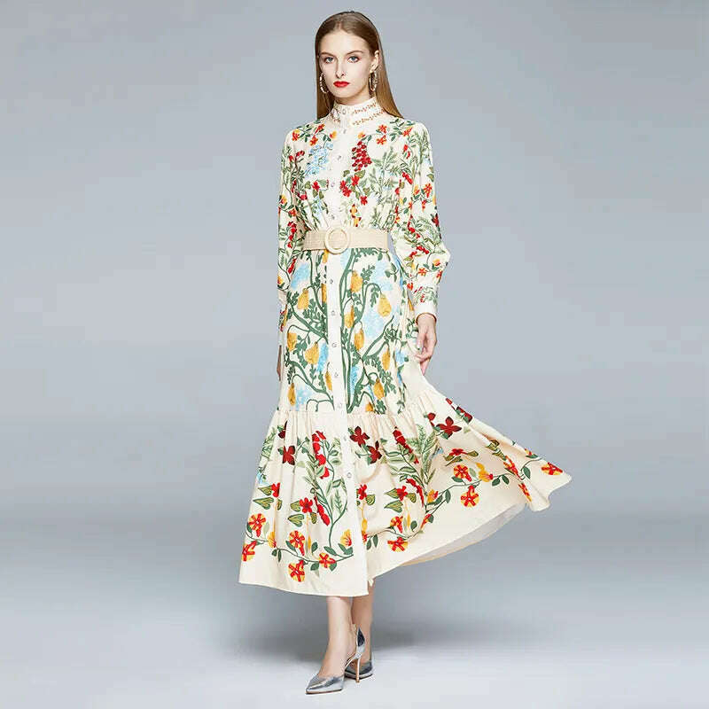 KIMLUD, 2024 Autumn Runway Maxi Dress Women's Long Sleeve Stand Gorgeous Flower Print Long Dress Female Buttons up Sashes Holidays Dress, KIMLUD Women's Clothes