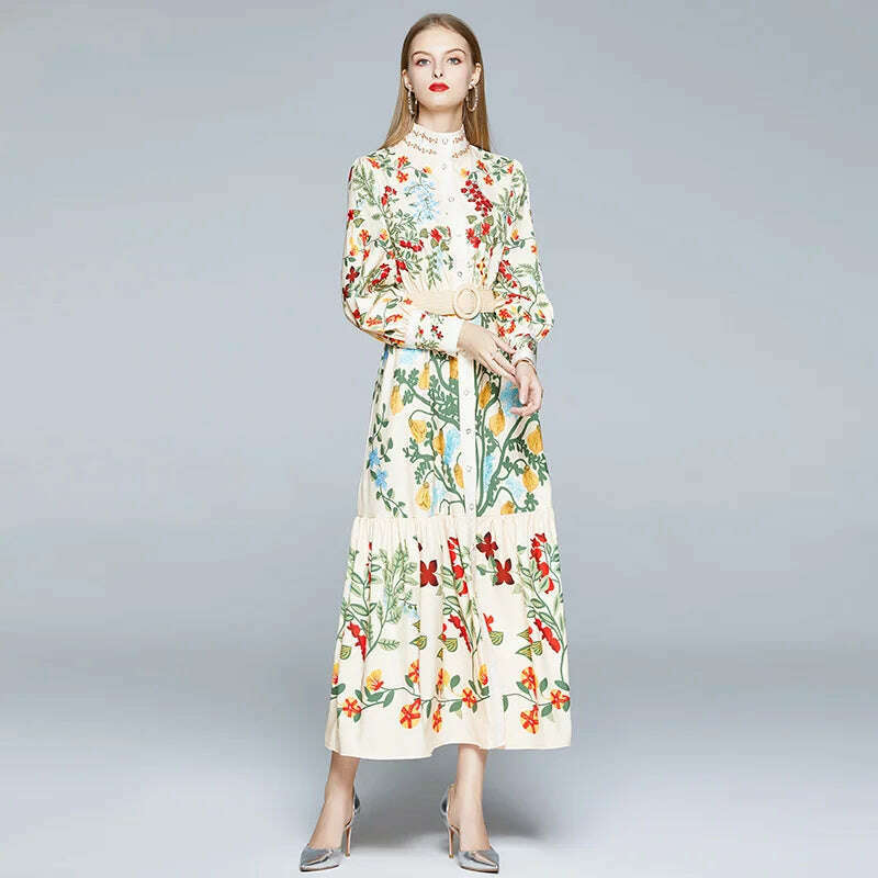 KIMLUD, 2024 Autumn Runway Maxi Dress Women's Long Sleeve Stand Gorgeous Flower Print Long Dress Female Buttons up Sashes Holidays Dress, KIMLUD Womens Clothes