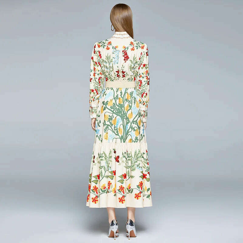 KIMLUD, 2024 Autumn Runway Maxi Dress Women's Long Sleeve Stand Gorgeous Flower Print Long Dress Female Buttons up Sashes Holidays Dress, KIMLUD Womens Clothes