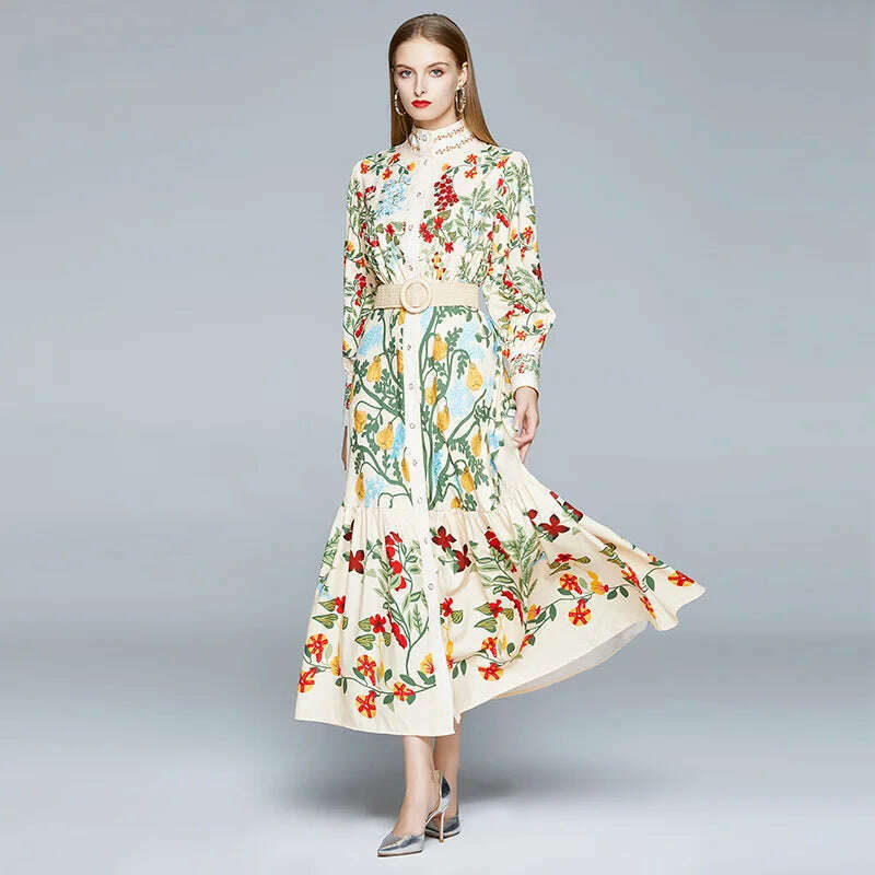 KIMLUD, 2024 Autumn Runway Maxi Dress Women's Long Sleeve Stand Gorgeous Flower Print Long Dress Female Buttons up Sashes Holidays Dress, As Picture / M / 173, KIMLUD Womens Clothes
