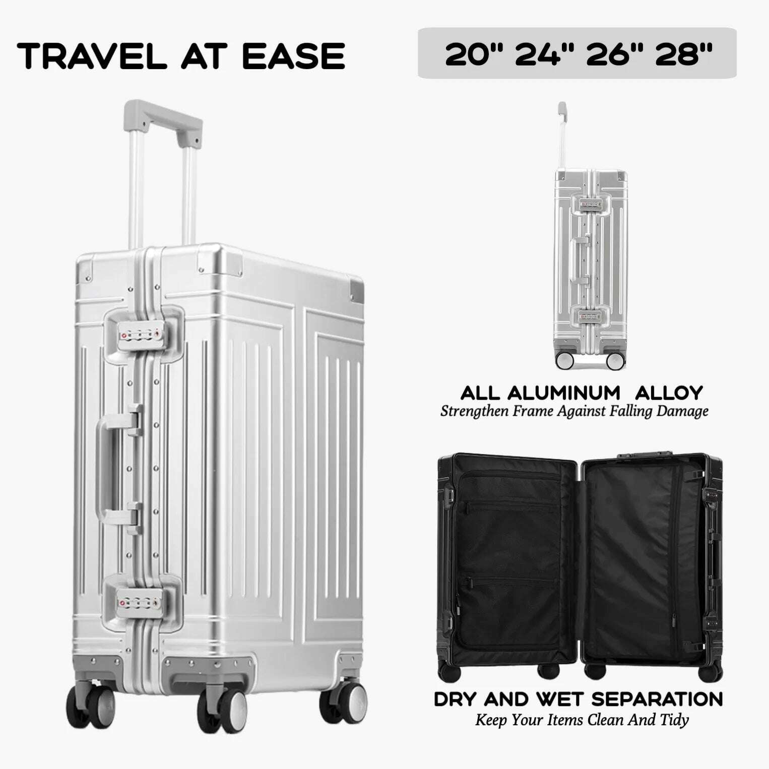KIMLUD, 2024 Capacity Durable Luggage Sets 100% Aluminum Suitcase Wheels Women Girl Men Cabin Carry-On Boarding Travel 20/24/26/28, KIMLUD Womens Clothes