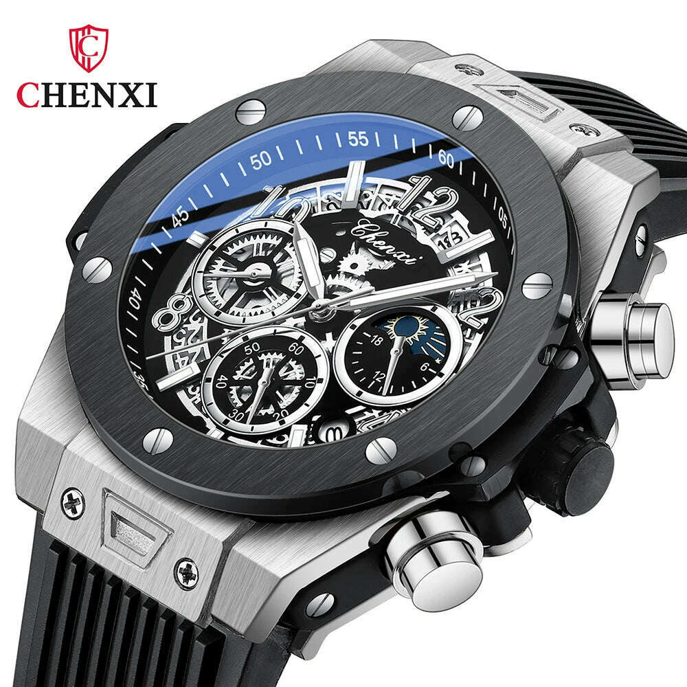 2024 CHENXI Mens Watches Top Brand Luxury Black Silicone Strap Sports Military Watch Men Waterproof Watches Stopwatch Moon Phase - KIMLUD