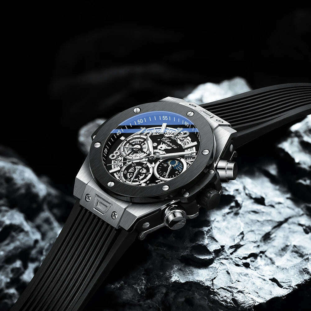 2024 CHENXI Mens Watches Top Brand Luxury Black Silicone Strap Sports Military Watch Men Waterproof Watches Stopwatch Moon Phase - KIMLUD