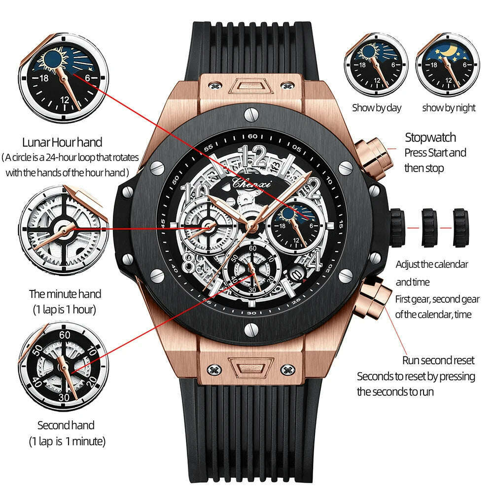 2024 CHENXI Mens Watches Top Brand Luxury Black Silicone Strap Sports Military Watch Men Waterproof Watches Stopwatch Moon Phase - KIMLUD