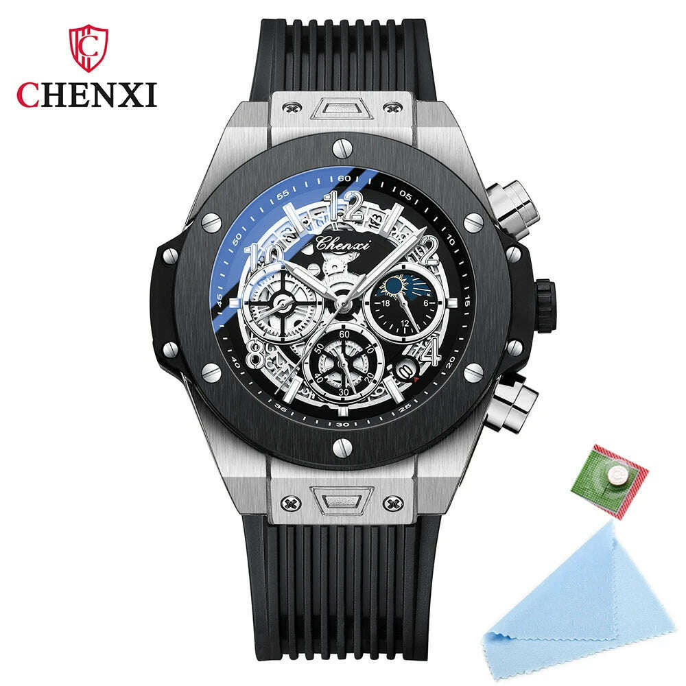 2024 CHENXI Mens Watches Top Brand Luxury Black Silicone Strap Sports Military Watch Men Waterproof Watches Stopwatch Moon Phase - KIMLUD