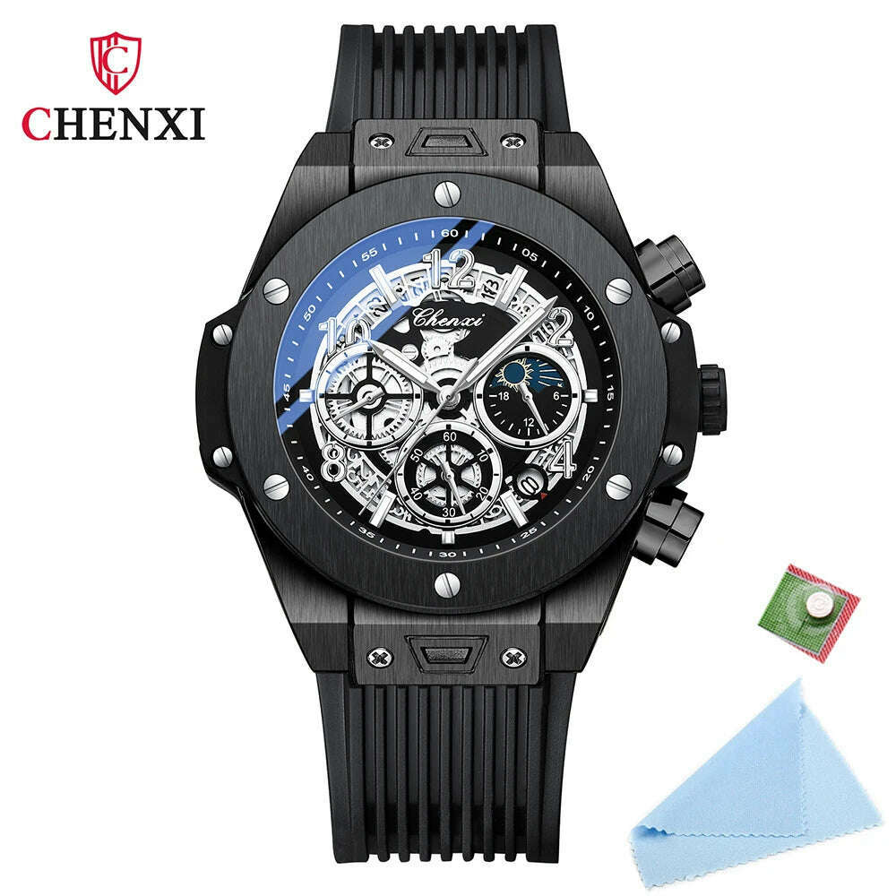 2024 CHENXI Mens Watches Top Brand Luxury Black Silicone Strap Sports Military Watch Men Waterproof Watches Stopwatch Moon Phase - KIMLUD