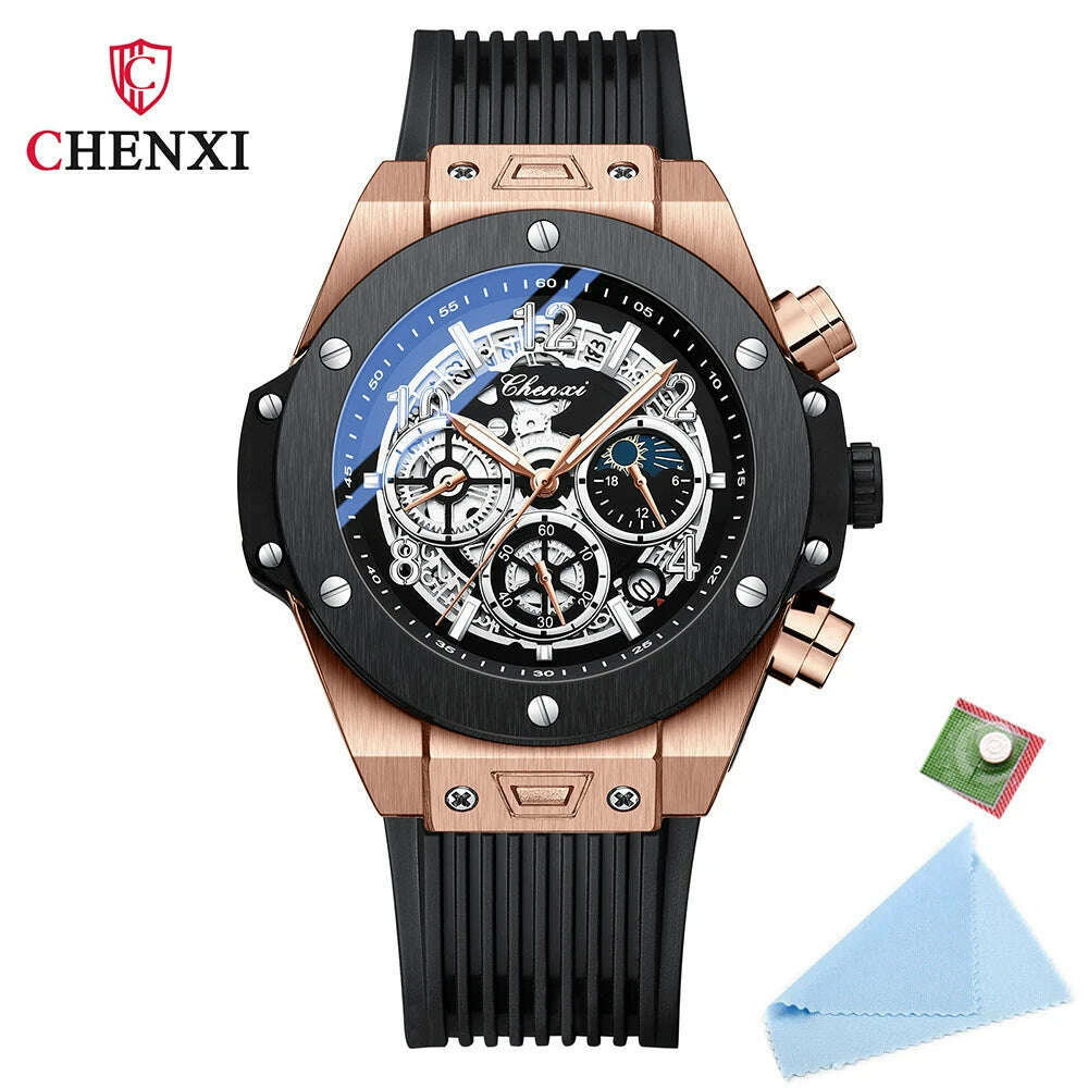 2024 CHENXI Mens Watches Top Brand Luxury Black Silicone Strap Sports Military Watch Men Waterproof Watches Stopwatch Moon Phase - KIMLUD