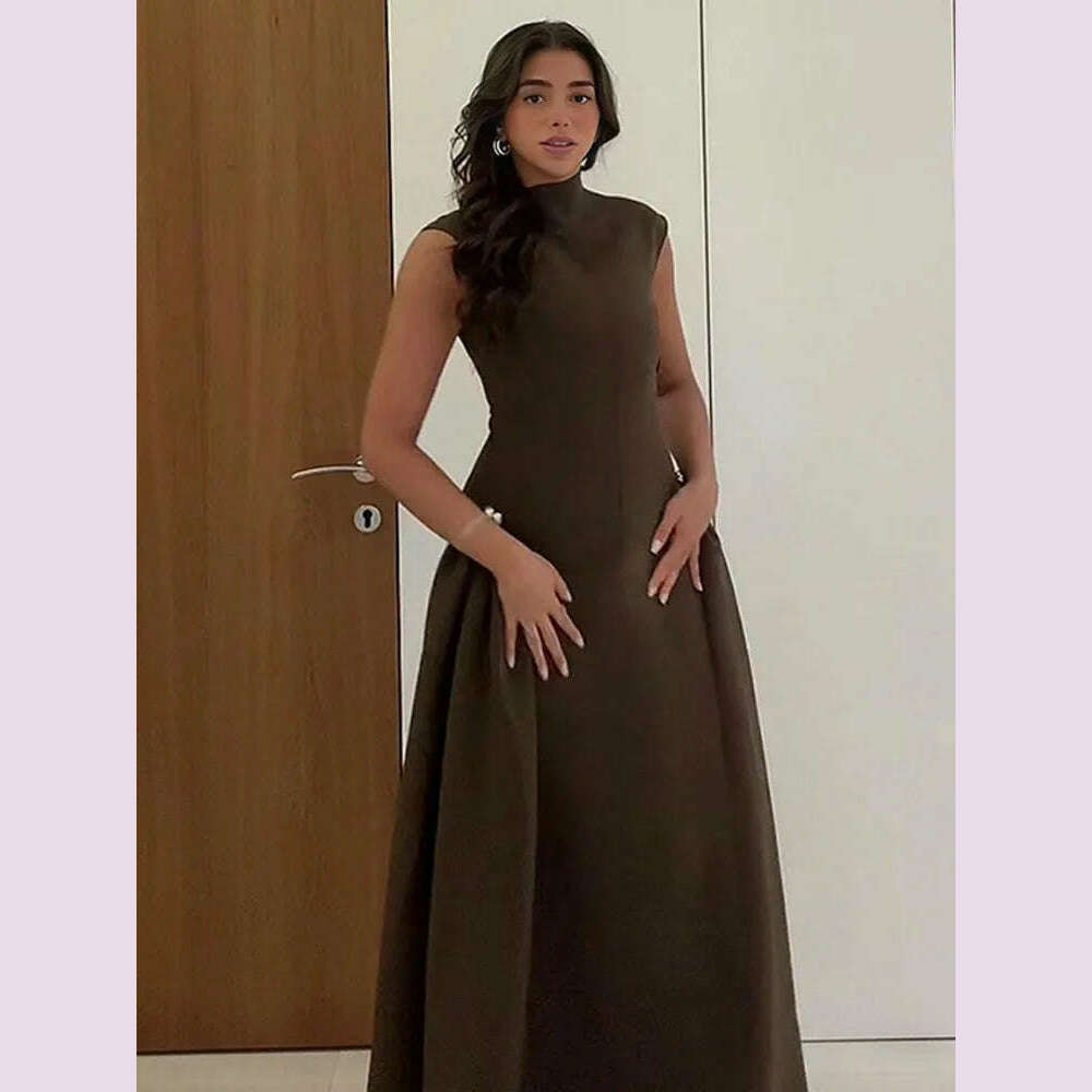 KIMLUD, 2024 Chic Solid Slanted Collar Pleated A-line Maxi Dress Women's Elegant Sleeveless High Waist Slim Dresses Female Evening Robes, KIMLUD Womens Clothes