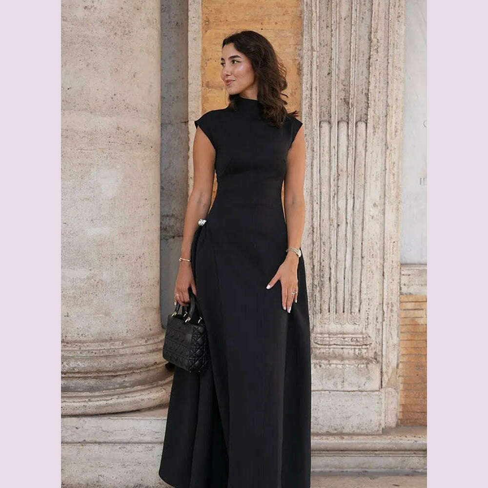 KIMLUD, 2024 Chic Solid Slanted Collar Pleated A-line Maxi Dress Women's Elegant Sleeveless High Waist Slim Dresses Female Evening Robes, KIMLUD Womens Clothes