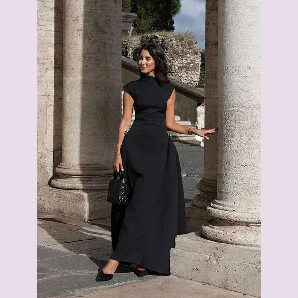 KIMLUD, 2024 Chic Solid Slanted Collar Pleated A-line Maxi Dress Women's Elegant Sleeveless High Waist Slim Dresses Female Evening Robes, KIMLUD Womens Clothes