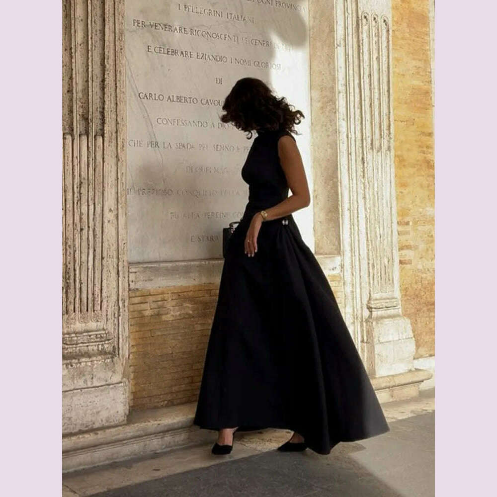 KIMLUD, 2024 Chic Solid Slanted Collar Pleated A-line Maxi Dress Women's Elegant Sleeveless High Waist Slim Dresses Female Evening Robes, KIMLUD Womens Clothes