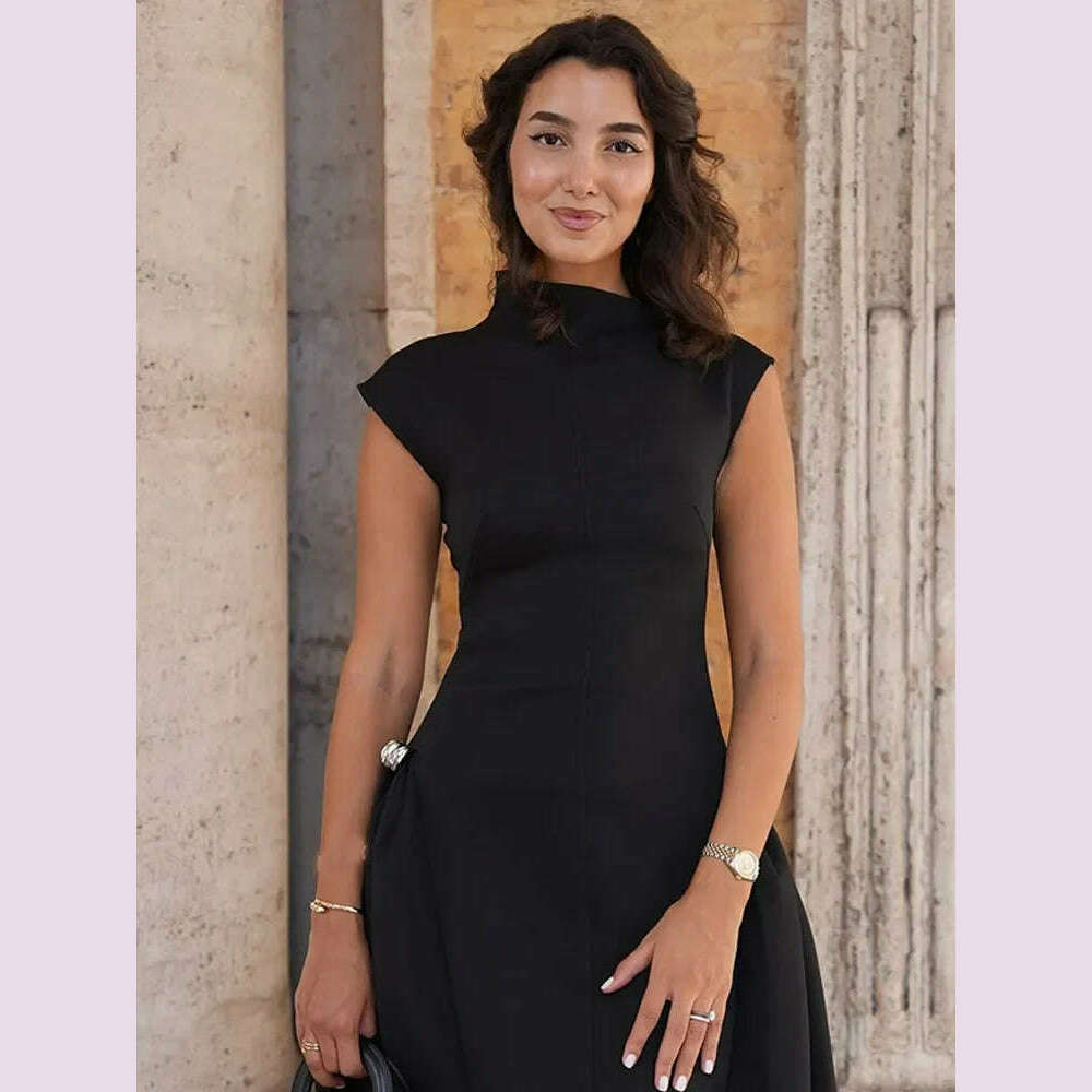 KIMLUD, 2024 Chic Solid Slanted Collar Pleated A-line Maxi Dress Women's Elegant Sleeveless High Waist Slim Dresses Female Evening Robes, KIMLUD Womens Clothes