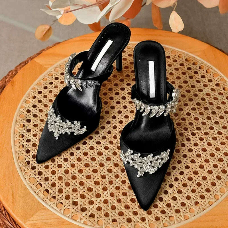 KIMLUD, 2024 European and American Women's New High Heels Shallow Mouth Pointed Satin Wheat Rhinestone Stiletto Heel Fashion Half Slippe, Black 10 cm / 36, KIMLUD Womens Clothes