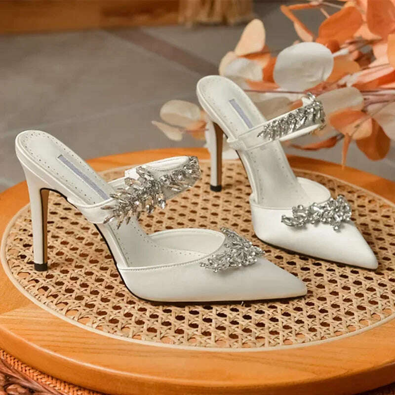 KIMLUD, 2024 European and American Women's New High Heels Shallow Mouth Pointed Satin Wheat Rhinestone Stiletto Heel Fashion Half Slippe, White 10 cm / 39, KIMLUD Womens Clothes