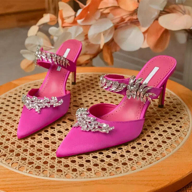 KIMLUD, 2024 European and American Women's New High Heels Shallow Mouth Pointed Satin Wheat Rhinestone Stiletto Heel Fashion Half Slippe, Rose red 10 cm / 37, KIMLUD Womens Clothes