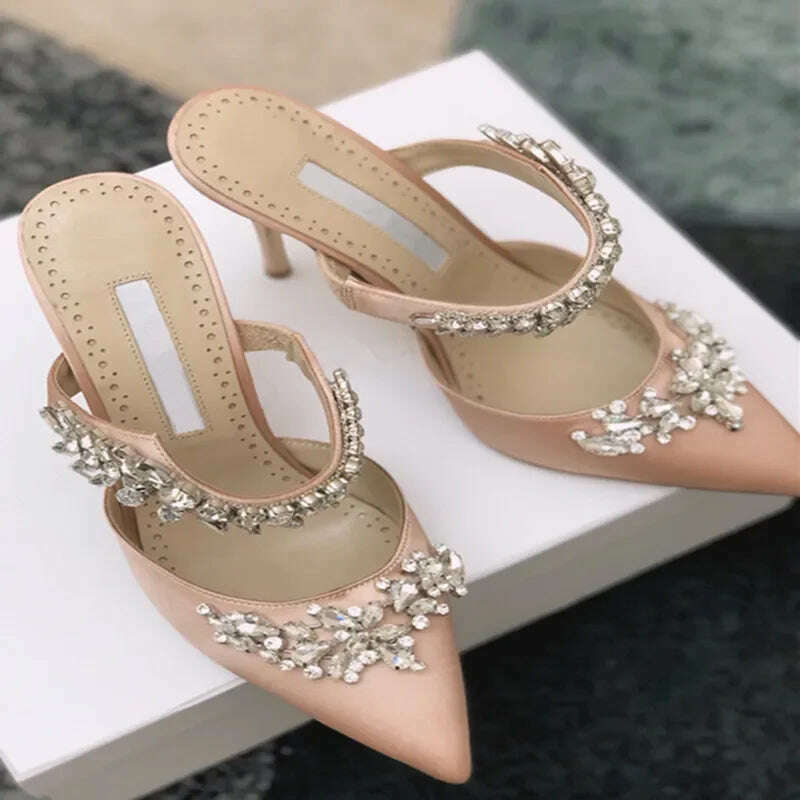 KIMLUD, 2024 European and American Women's New High Heels Shallow Mouth Pointed Satin Wheat Rhinestone Stiletto Heel Fashion Half Slippe, Pink 10 cm / 40, KIMLUD Womens Clothes