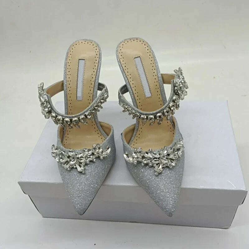 KIMLUD, 2024 European and American Women's New High Heels Shallow Mouth Pointed Satin Wheat Rhinestone Stiletto Heel Fashion Half Slippe, Flash silver 7 cm / 40, KIMLUD Womens Clothes
