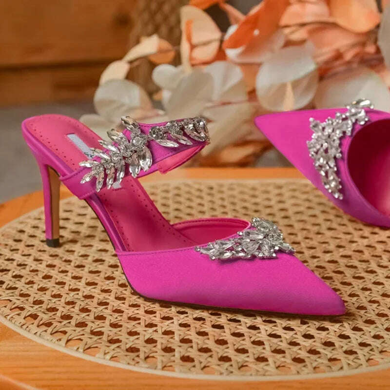 KIMLUD, 2024 European and American Women's New High Heels Shallow Mouth Pointed Satin Wheat Rhinestone Stiletto Heel Fashion Half Slippe, Rose red 7 cm / 38, KIMLUD Womens Clothes